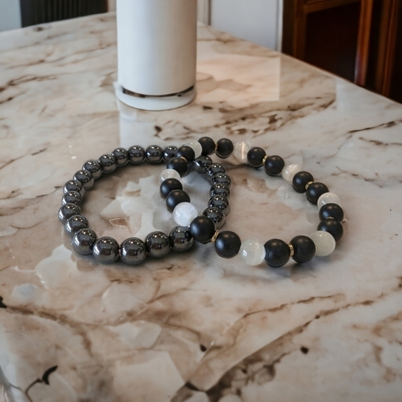 2 Piece Bracelet Stack - Hematite & Opal Bracelets - 8mm Unisex - Picture 2 of 3